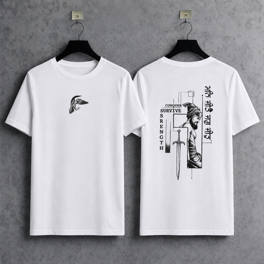 Conquer & Survive Sikh Warrior Round Neck Half Sleeve T-Shirt | White